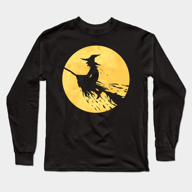 Witch On A Broom Flying In Front Of The Moon On Halloween Long Sleeve T-Shirt by SinBle